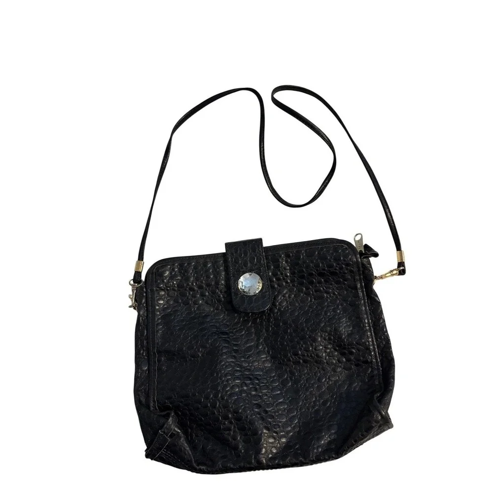 Vintage Black Embossed Pleather Bag Jewel Detail Paisley Lining Esko Zip‎